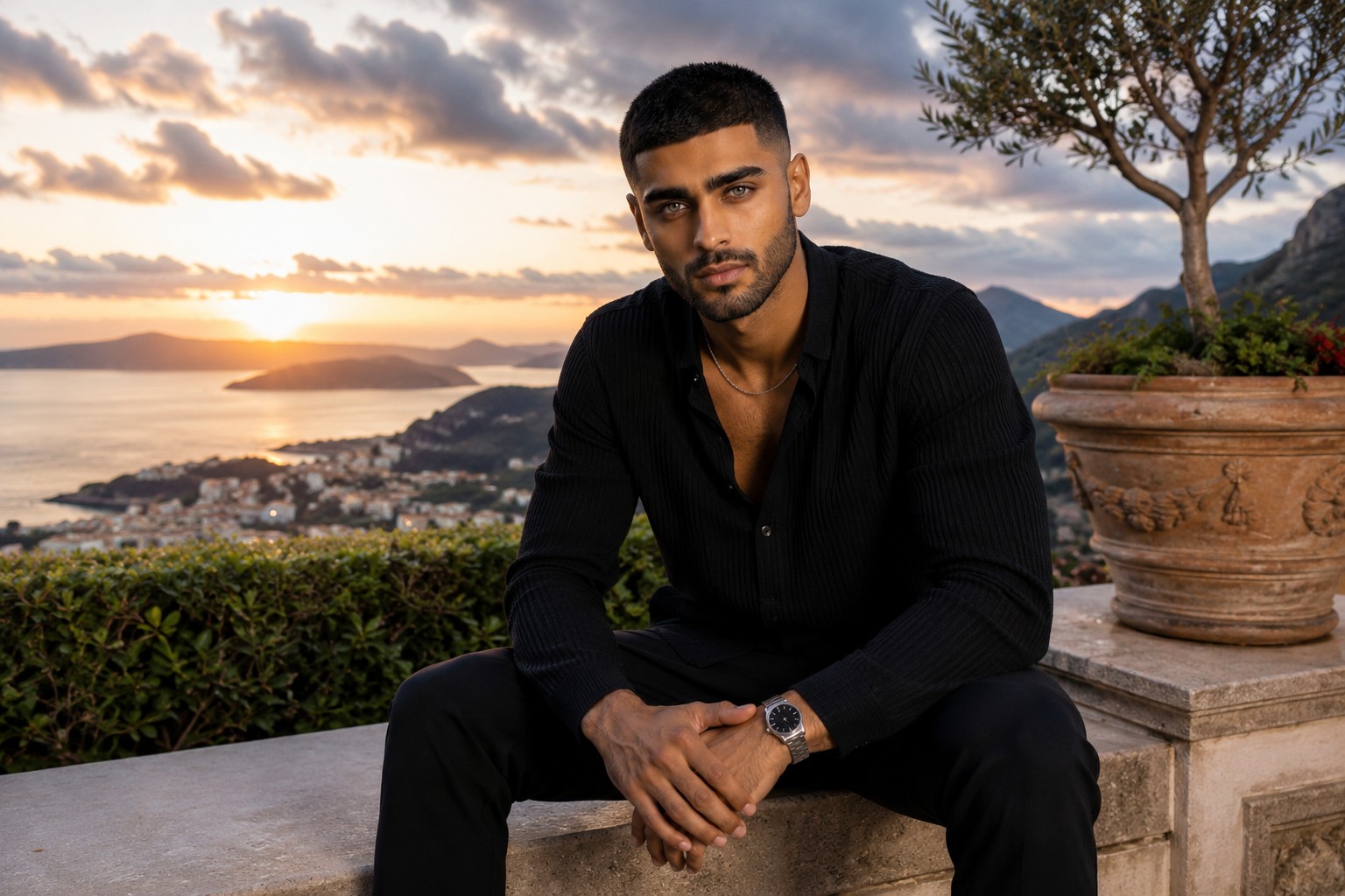 Adam Kayani seated on a terrace overlooking the coast at sunset