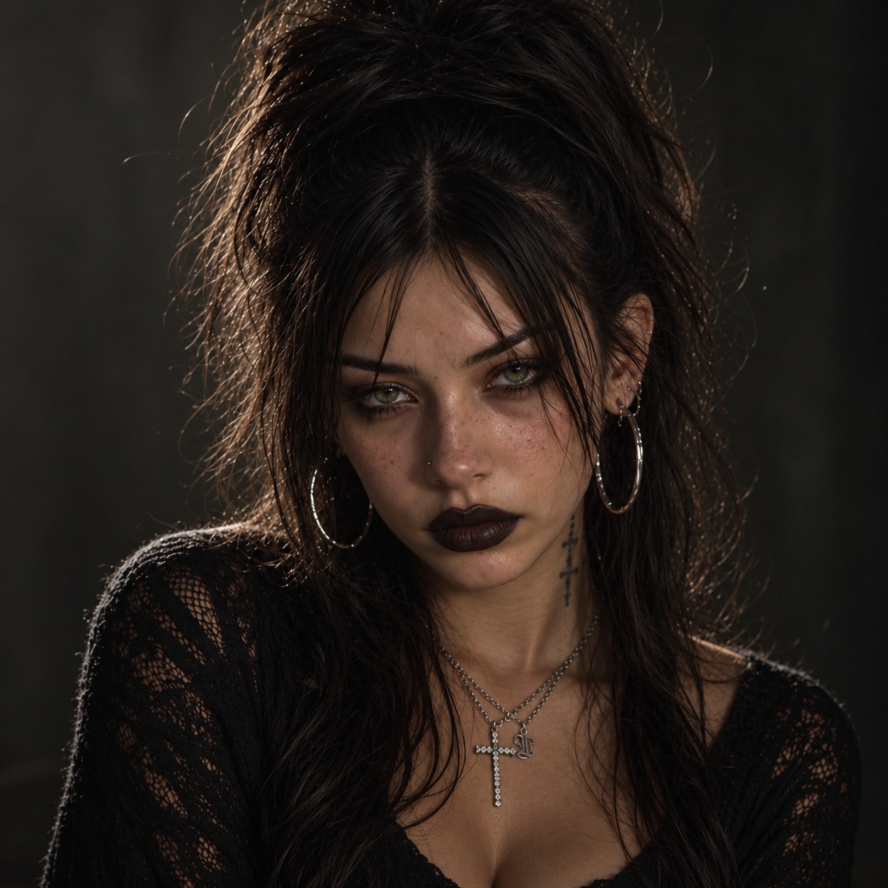 Violet Sabre with dark hair, silver jewellery and black lace styling